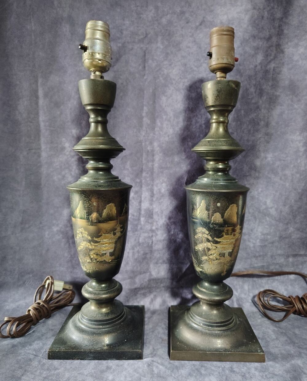 VINTAGE Pair ASIAN ART DECO TABLE LAMPS WITH CHASED SCENIC MOTIF